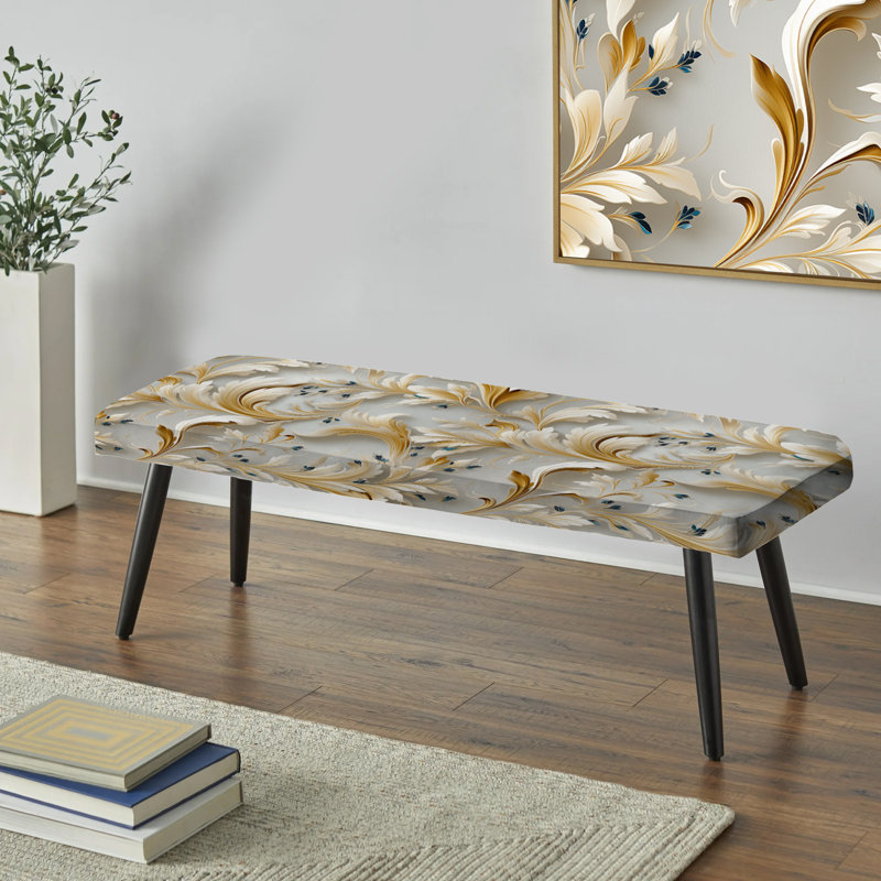 Vintage Scrollwork Elegance Antique Gold - Marble Upholstered Black Bench