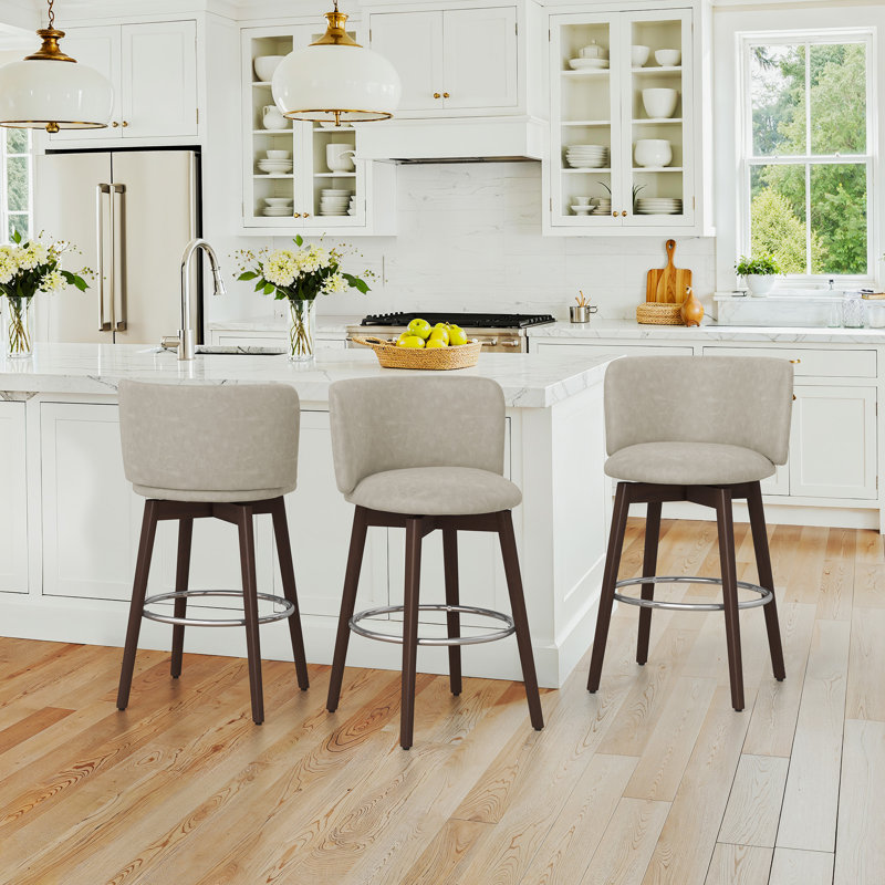 26'' Swivel Bar Stool - Leather, Gray Faux Leather Seat/Dark Brown Frame