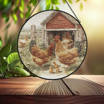 Chickens Chicks Coop Stained Glass Panels Suncatcher for Window Decor