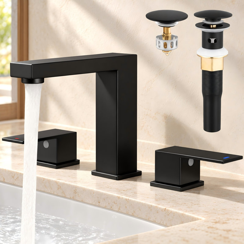 KES Bathroom Sink Faucet Widespread cUPC with Supply Hoses and 2 Handles with Drain Assembly Matte Black, Matte Black
