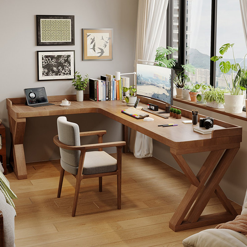 Bureau d'écriture en L en bois massif brun clair, Retour à gauche, 29.53" H x 62.99" W x 39.37" D