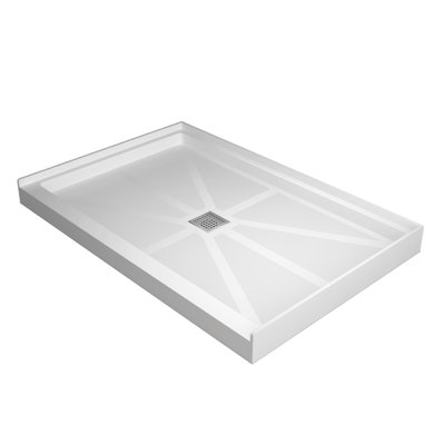 Base de douche 48 po L 48 po x l 32 po x H 4 po à simple seuil, avec drain central et surface antidérapante pour salle de bain, blanc