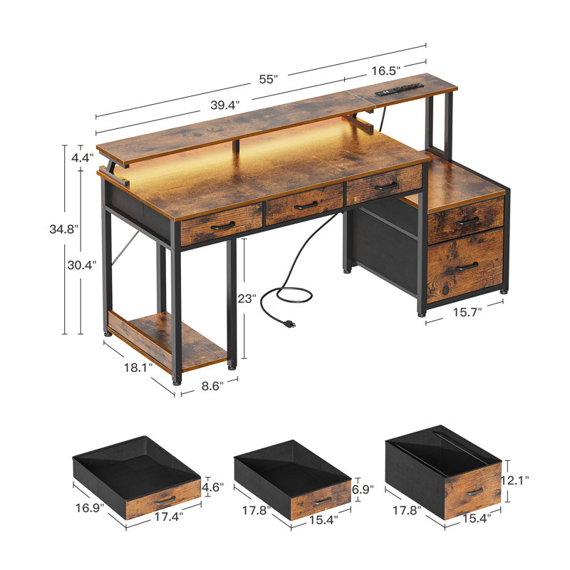 Valerio 55"W Reversible Writing Desk With Drawers And Monitor Shelf,Computer Desk With RGB Led Lights & Power Outlet