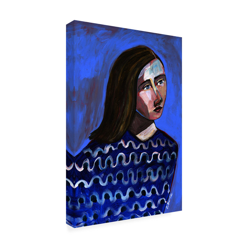 Art sur toile, Portrait de femme Sharyn Bursic dans un chandail bleu, H 19 po x l 12 po