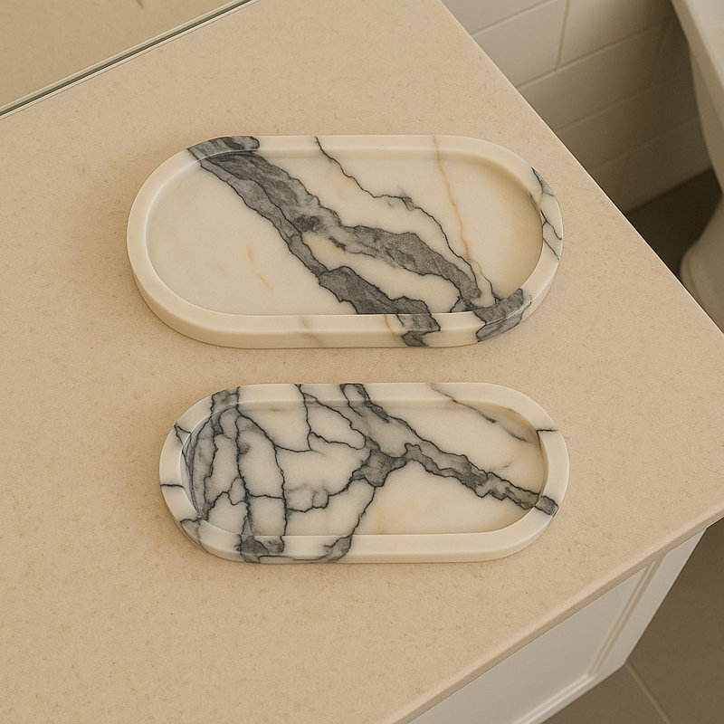 Ensemble de 2 plateaux de salle de bain ovales 100% marbre 2 pièces, Blanc