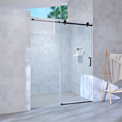 56" - 60" W X 76" H Single Sliding Shower Door, Frameless Bathroom Sliding Door With 1/4" (6Mm) Tempered Glass For Walk-In Shower, Matte Black