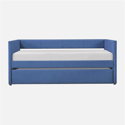 1pc Daybed with Trundle Blue Fabric Upholstery Wooden Frame Modern Home Furniture