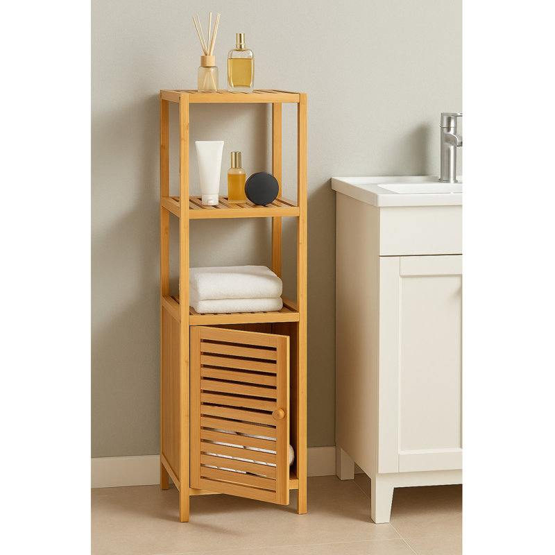 Ottley Freestanding Bamboo Bathroom Storage Cabinet, 3-Tier Open Shelf with Slatted Door, 43.3" Tall