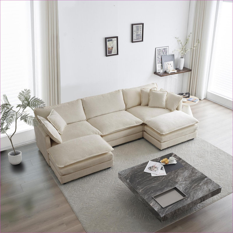 Canapé modulaire en U en chenille avec 2 repose-pieds Alden, Chenille beige, H 33 po x l 111,5 po x P 35 po