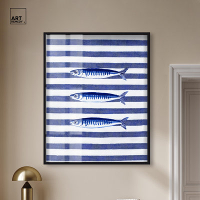 Three Blue Fish Shadowbox Print Coastal Wall Decor by Art Remedy, Black Frame, 36 x 45
