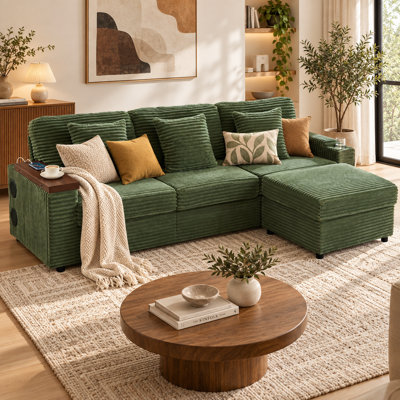 Cordriva 101.25-Inch Oversized L-Shaped Corduroy Modular Sectional Sofa with Storage Ottomans, 360-Degree Hidden Swivel Table, Bluetooth Speaker, USB Charging Port, Cup Holder