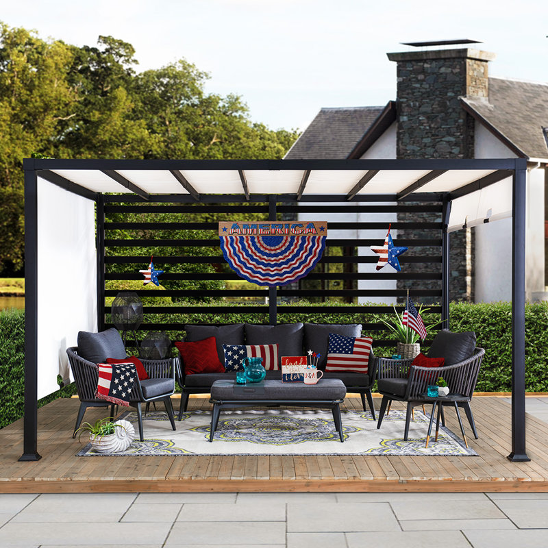 Sunjoy Outdoor Pergola 10 x 12 ft. Steel Pergolas with White Adjustable Shade and Privacy Screen for Backyard