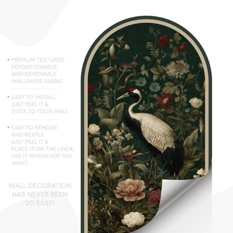 Adhésif décoratif vintage arche botanique Crane - Papier peint adhésif amovible avec motif floral chinois foncé