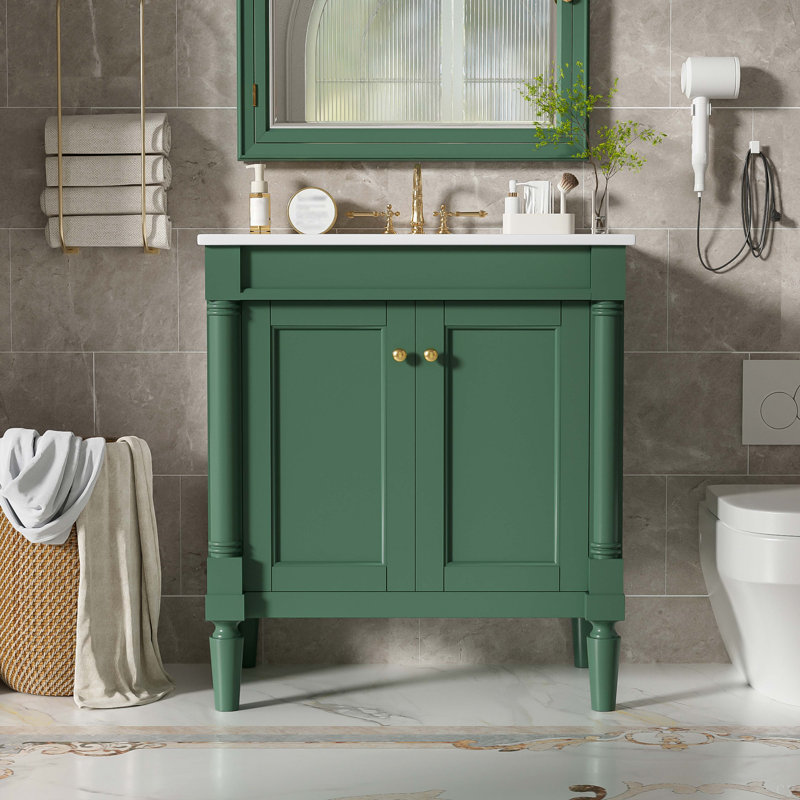 Armoire de meuble-lavabo 30 po avec lavabo en céramique 30 po, armoire de rangement avec portes à fermeture douce et pieds en bois massif