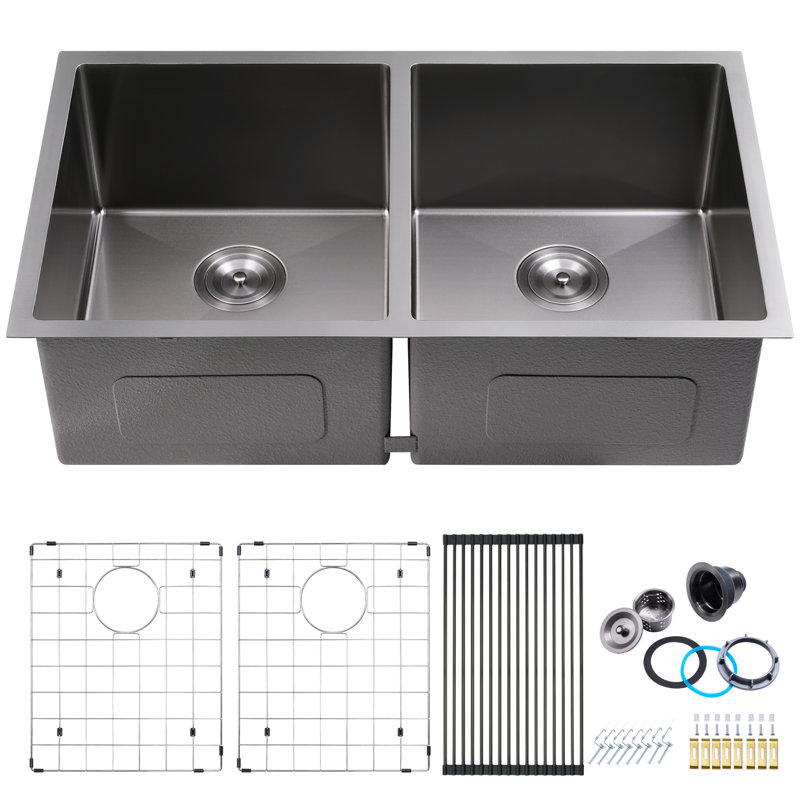 Évier de cuisine 33 po à double cuve encastrable / encastrable en acier inoxydable 304 brossé de calibre 16 avec accessoires