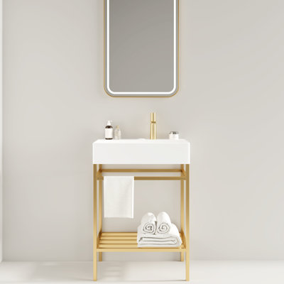 Meuble-lavabo de 24 po avec lavabo en céramique rectangulaire blanc brillant, console autoportante, pieds en métal ouverts, doré, tablettes de rangement