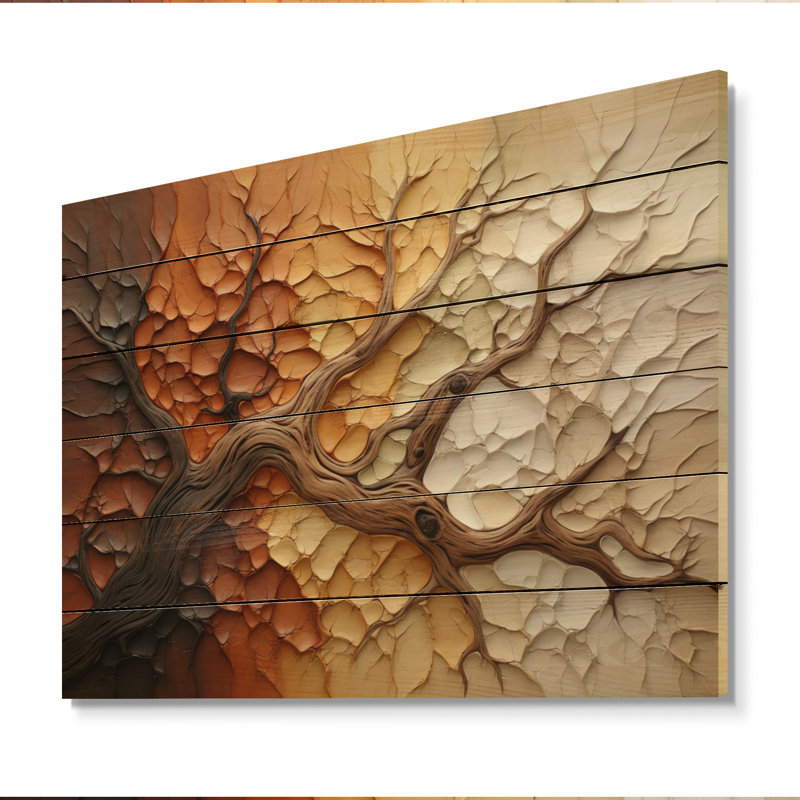 Janmichael, brun, beige, séquoia abstrait, collage sur bois, H 24 po x l 32 po x P 0,78 po