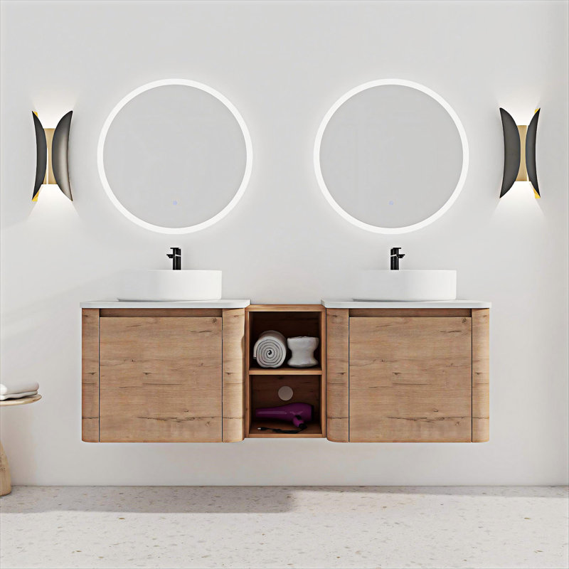 Meuble-lavabo mural avec lavabo d'art en céramique, Blanc, 60"