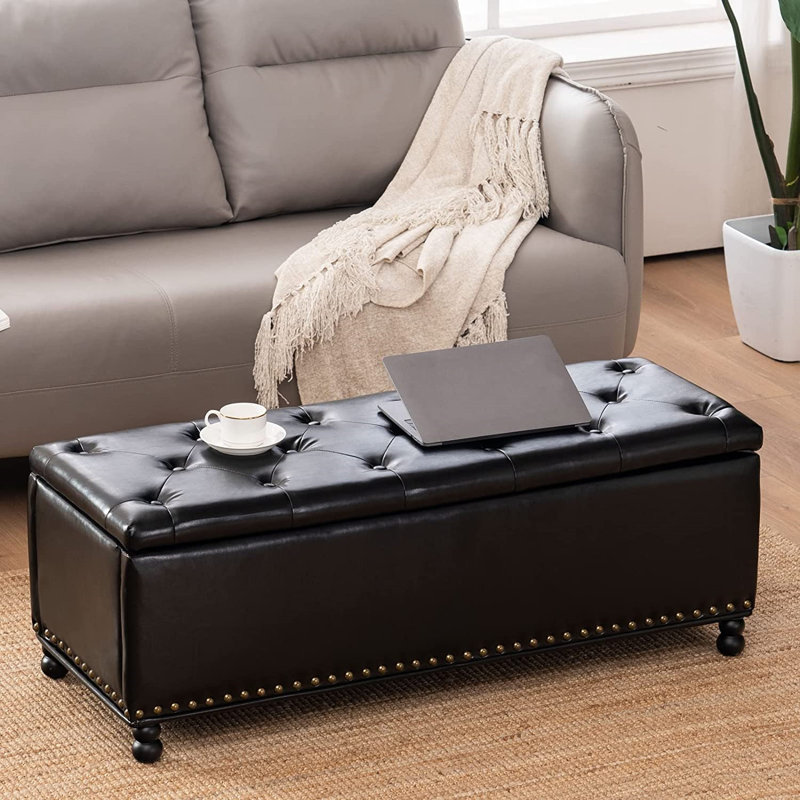 Banc de rangement avec repose-pieds, repose-pieds de 46 po en similicuir avec rangement pour le salon, banc de bout de lit pour la chambre à coucher, banc d'entrée avec rangement, noir