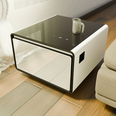 Table basse intelligente avec réfrigérateur intégré, chargement sans fil, joint de porte amovible - Rectangulaire moderne pour le contrôle de la température latérale de la maison, tiroirs de bureau à prise électrique