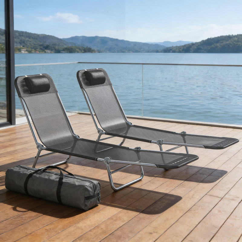 Adjustable Folding Chaise Lounge Chairs, 2-Piece Set For Poolside Tanning And Relaxation With Breathable Mesh Fabric
