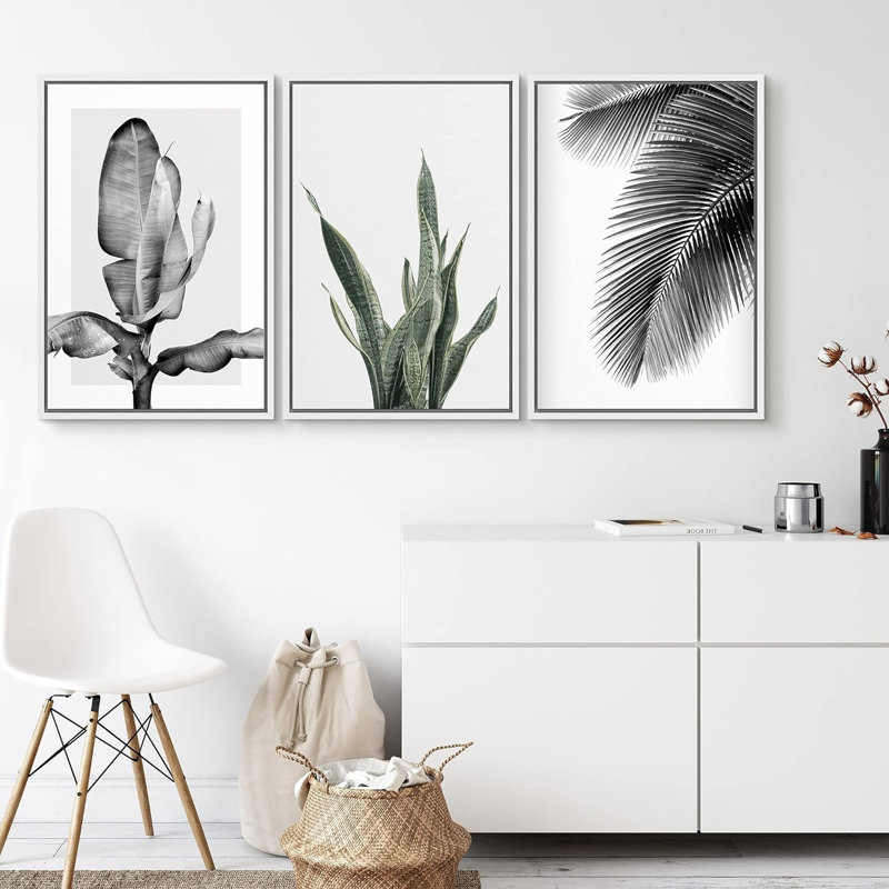 «Trio Of Jungle Palms And Snake Succulents», reproduction d'art sur toile encadrée 3 pièces, H 24 po x l 48 po x P 1,5 po