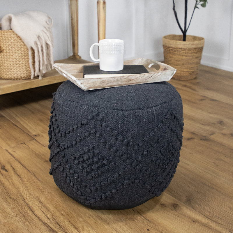 Woven Cotton Textured Round Pouf - 14" - Grey