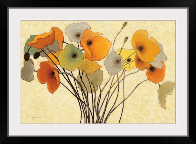 « i » par shirley novak, reproduction d’art Pumpkin Poppies, H 28 po x l 38 po x P 1 po, Cadre noir