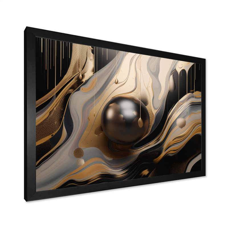Or et noir marbré Euphoria I - impression abstraite sur toile marbrée, Impression noire sur toile encadrée