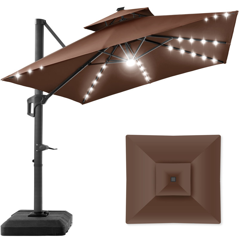 Ronessa 10x10ft 2-Tier Square Outdoor Solar LED Cantilever Patio Umbrella w/ Base Included, Brown