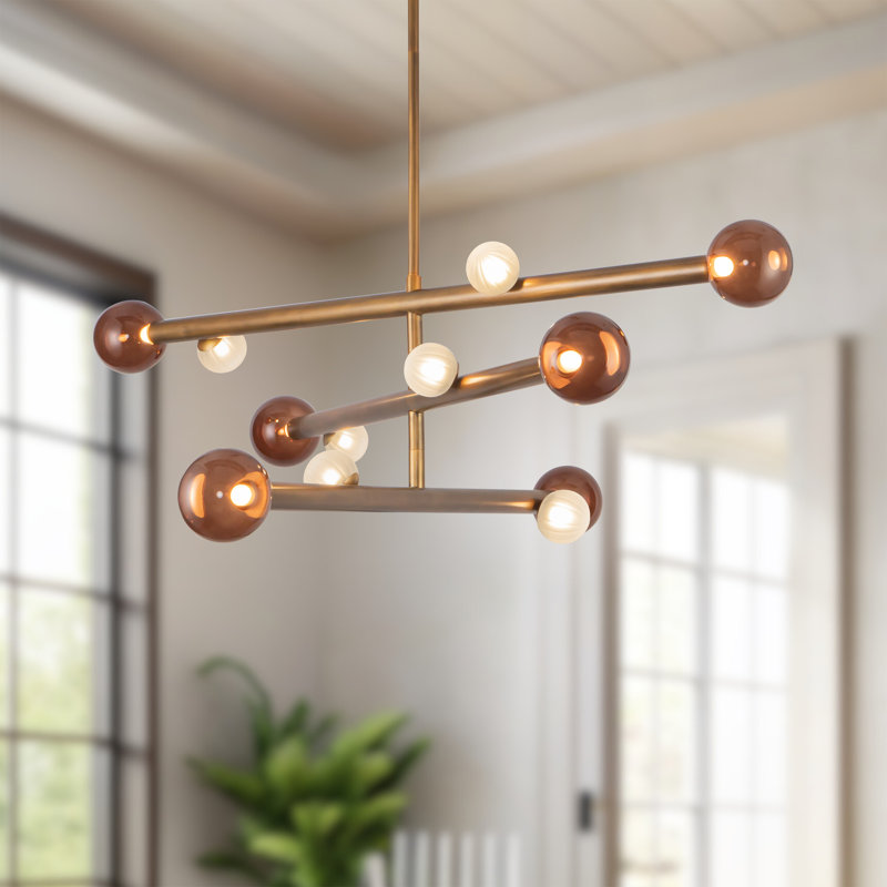 Reese 12 - Light Chandelier, Vintage Brass/Amber Glass