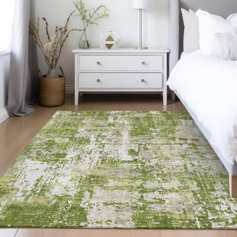 Green Abstract Flat Woven Washable Synthetic Rug 2'6" x 3'10"