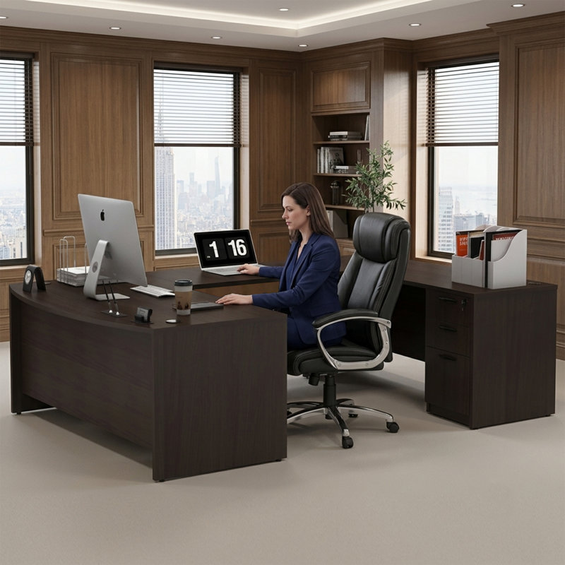  106.3'' U-Shape Height Adjustable Desk with File Cabinets, Espresso