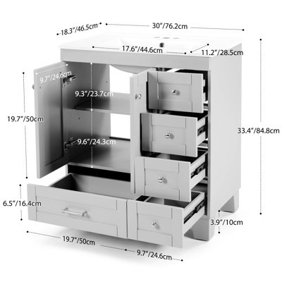 Meuble-lavabo 30 po avec lavabo en céramique - Tiroirs à fermeture en douceur, structure en bois massif, rangement multi-organisateur, 76 x 47 x 85 cm