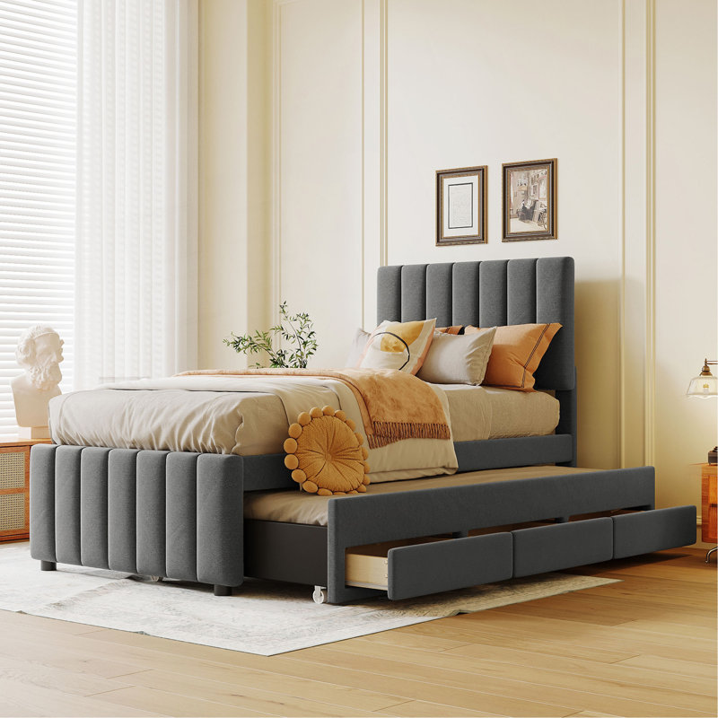 Lit plateforme tapissier simple avec lit gigogne et 3 tiroirs, tissu en lin, Gris