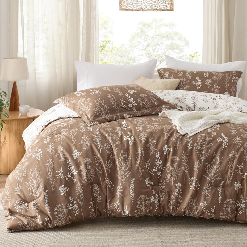 Bedsure Queen Comforter Set – 3-Piece Khaki Botanical Floral Bedding, Reversible Soft Comforter with 2 Pillow Shams, Perfect for Spring Refresh & Cozy Bedroom Decor