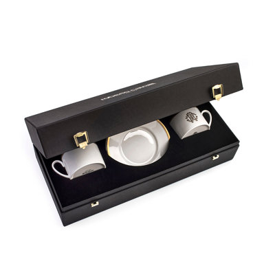 Tea Cup & Saucer SILK Set of 2 in Luxury Box Gold diam. 3.3in, H 2.3in, cap. 7.5 oz, Saucer diam. 6in