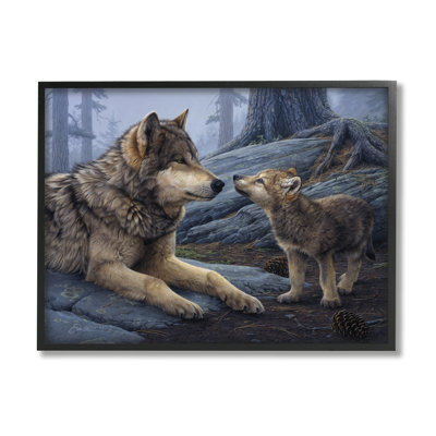 «Wolf & Cub Woodland Forest» encadré sur bois par Daniel Smith, peinture