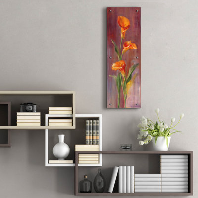 «Flame Calla Lilies 1» par Danhui Nai, art mural en verre acrylique, 12 po x 36 po