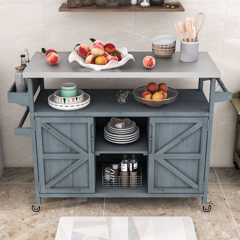 Cheyene Rolling Kitchen Island with Stainless Steel Top and Lockable Wheels, Gray Blue