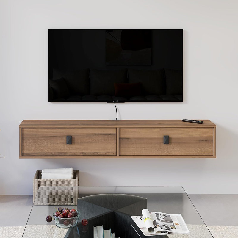 Meuble télé flottant en bois massif de 55 po - Console multimédia Mid-Century, noyer