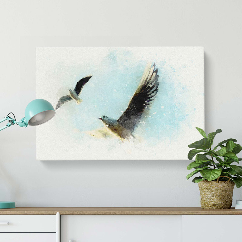 Pair Of Flying Seagulls In Abstract - Wrapped Canvas Print, 35cm H x 50cm W x 3cm D