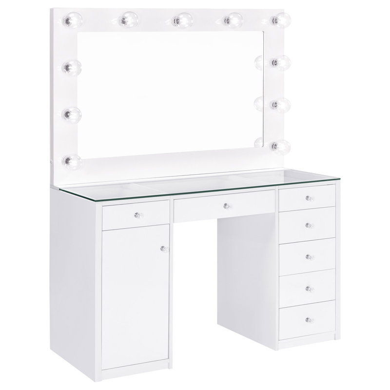 Acena 7-Drawer Vanity Set With Lighting Grey High Gloss, White