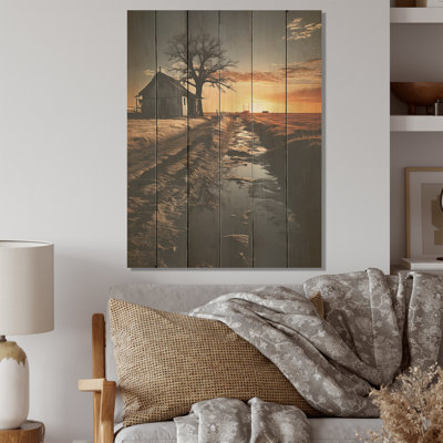 Photo de lever de soleil sur une grange - Art de bois de grange sur bois de pin naturel