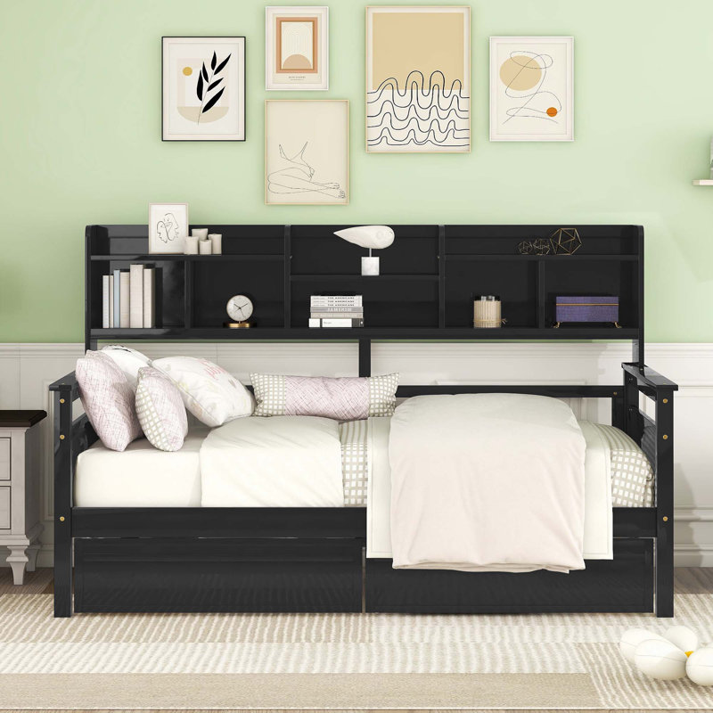 Daybed, Wood Slat Support, with Bedside Shelves and Two Drawers, Twin, Espresso