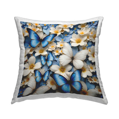 Blue & White Floral Butterflies Outdoor Printed Pillow by Yuri Khrushch