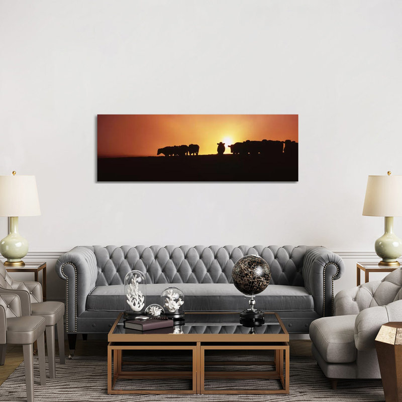 Silhouette Of Cows At Sunset, Point Reyes National Seashore, California, USA - Wrapped Canvas Panoramic Print
