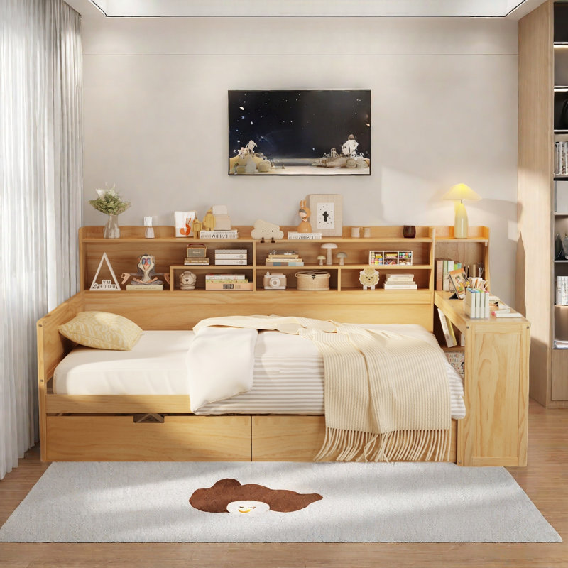 Multifunctional Wooden Daybed With Storage Shelves, Study Desk And 2 Drawers, Natural, Full/Double
