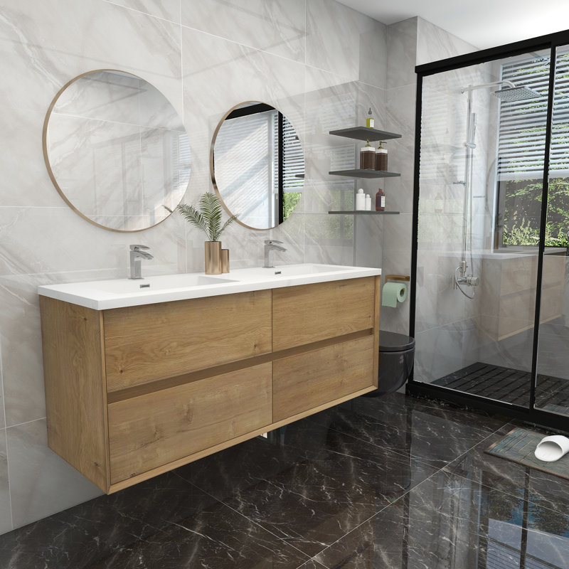 60'' Double Bathroom Vanity with Acrylic Top, Teak Oak