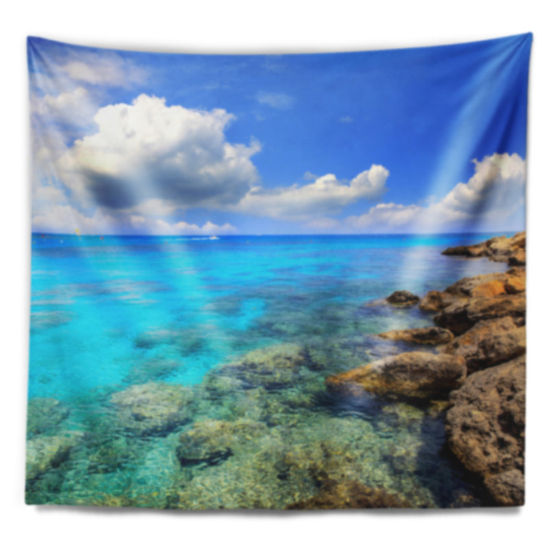 Tapisserie de seascape de mer, jour d’été, avec accessoires suspendus inclus, H 32 po x l 39 po